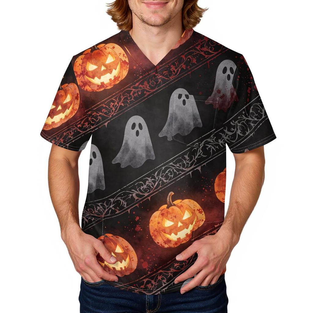 Herren Kurzarm Kasack mit Halloween-Print Arbeitsuniform