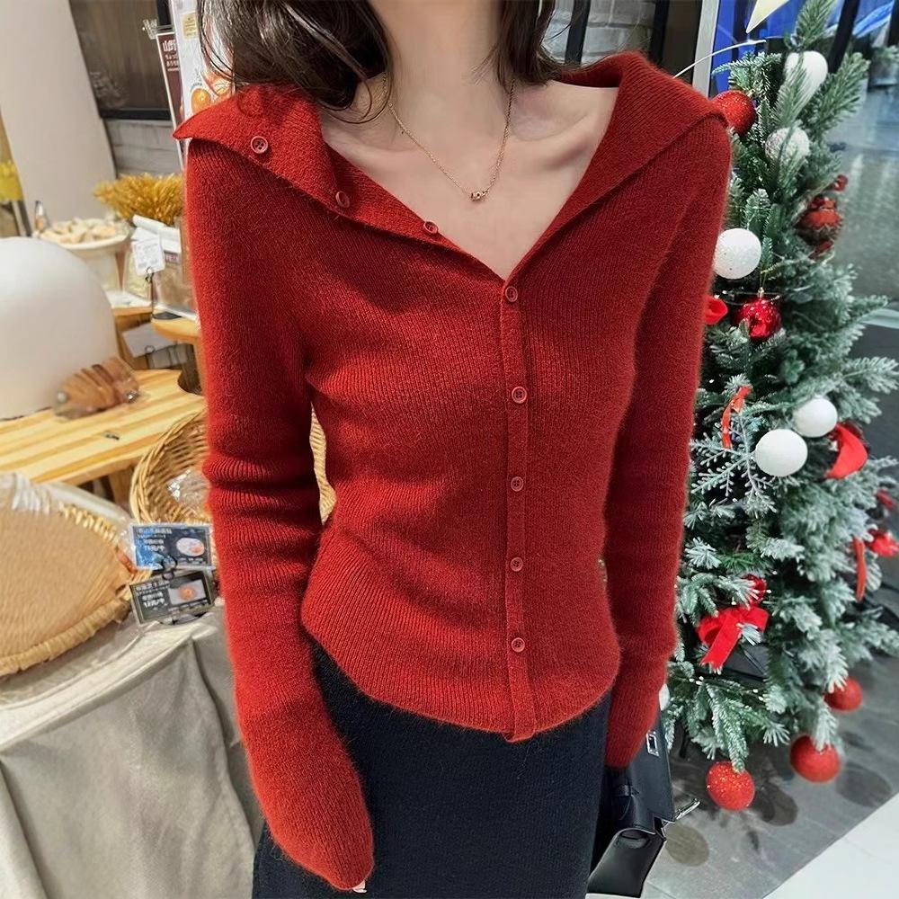 Women's Elegant Navy Collar Pure Wool Knit Cardigan Sweater