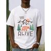 European Sizes Men's Canvas Pattern T-shirt-white Outdoor Adventure Print Mountains, Trees and Go Where You're Most Active "slogan
