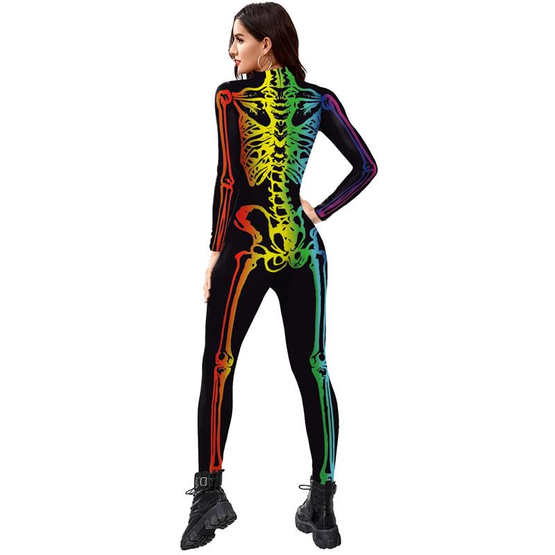 Halloween Carnival Purim Party Cosplay Women Cosplay Costumes Sexy Skinny Skeleton Printed Jumpsuit Catsuit