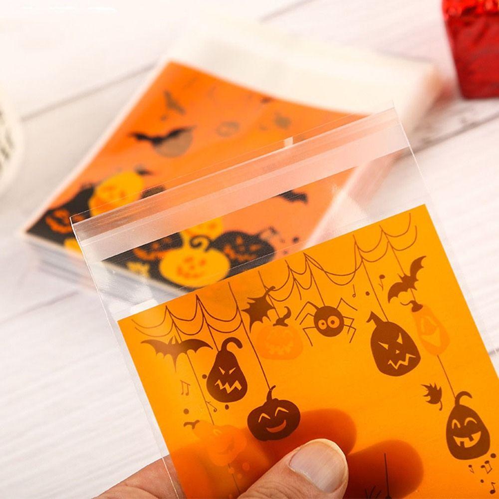 100Pcs Self-adhesive Trick or Treat Bags Plastic Candy Cookie Bags Halloween Candy Bags  for Home