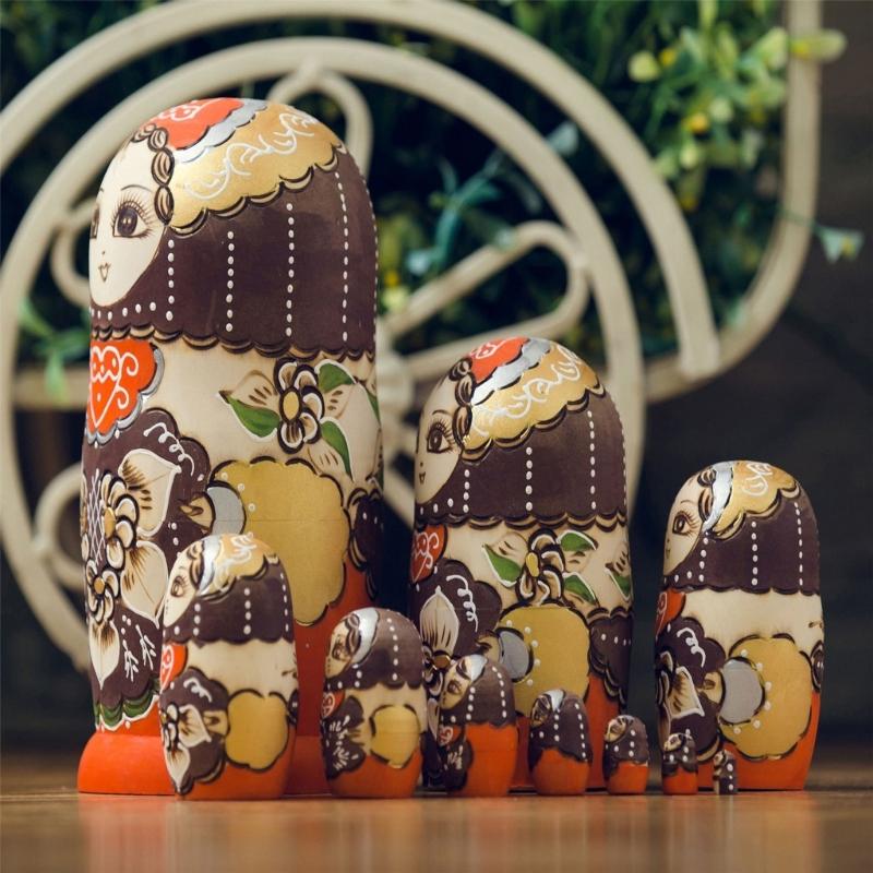 Collectible Russian Nesting Dolls 10pcs Wood Matryoshka Babushka Set Handpaint Stacking Doll Folk Arts Festival Ornament