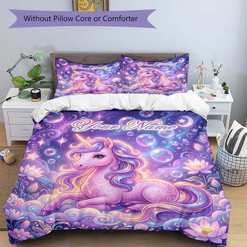 3PC Custom Name Unicorn Dreams Fantasy Art Bedding Set Duvet Cover Closure Includes 1 Duvet Cover & 2 Pillowcases for Bedroom