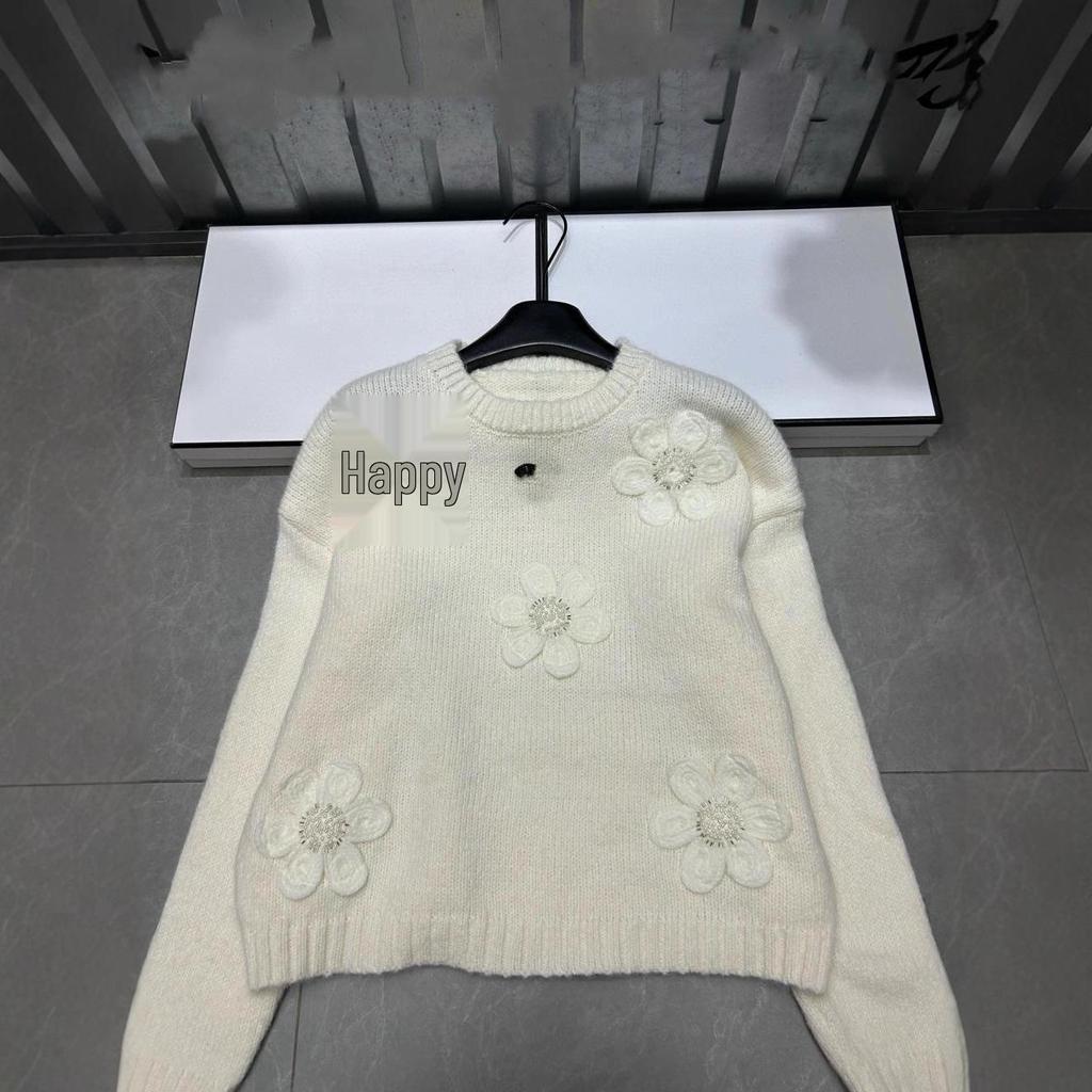Xiangjia 2025 Floral Knit Round Neck Pullover - Autumn/Winter Loose Long Sleeve Top