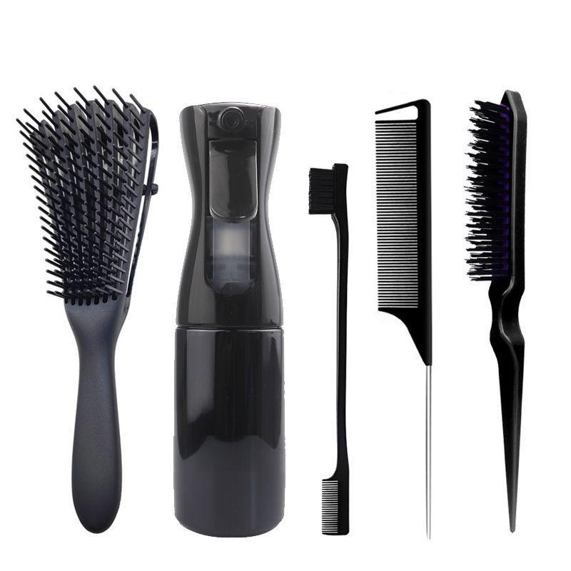 6pcs/Set Comb Brush Set Hairdressing Spray Bottle Hair Braiding Loop Pointed Rat Tail Comb Edge Fixed Mouse Control Brush