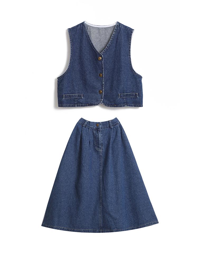 Jesienny szyk Zestaw dwuczęściowy kurtka dżinsowa w stylu koreańskim i spódnica midi