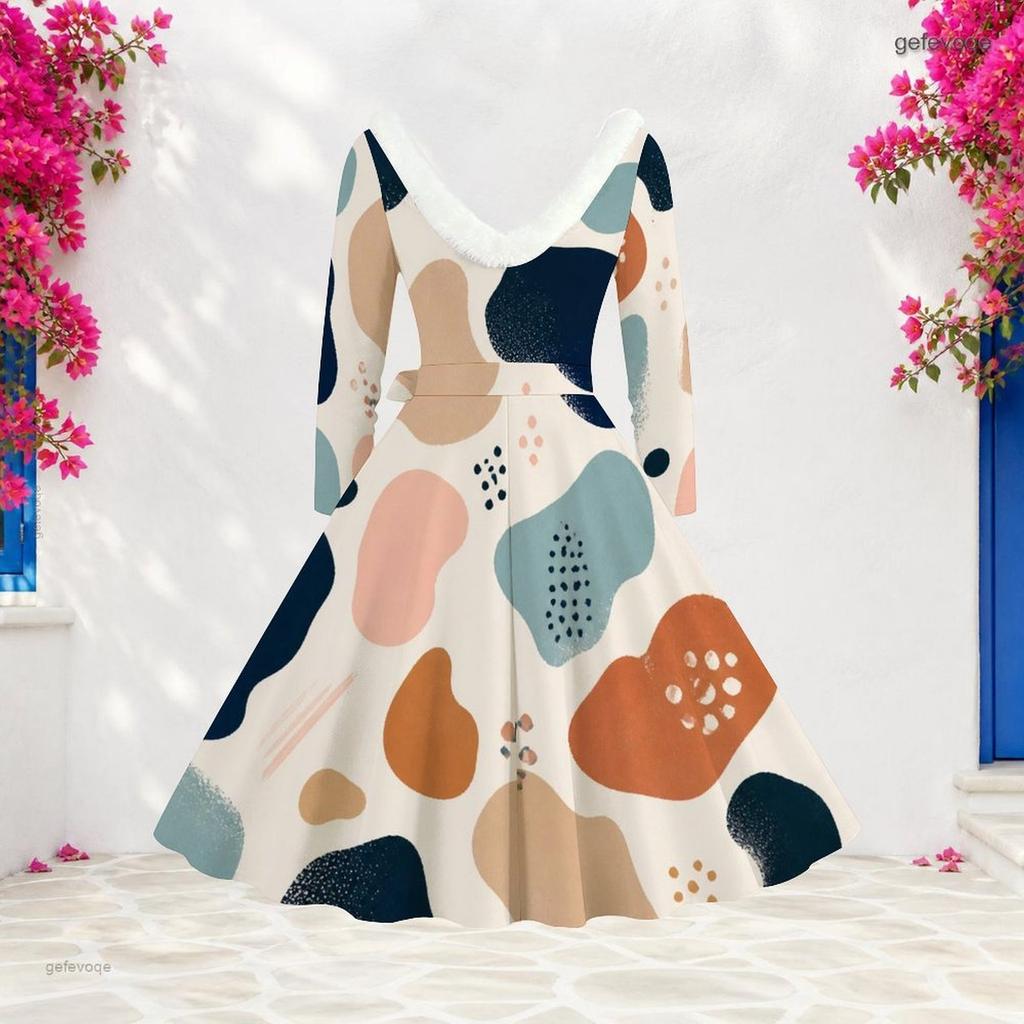 Women S Plus Size Furry Trim V Neck Long Sleeve Abstract Print A Line Midi Dress