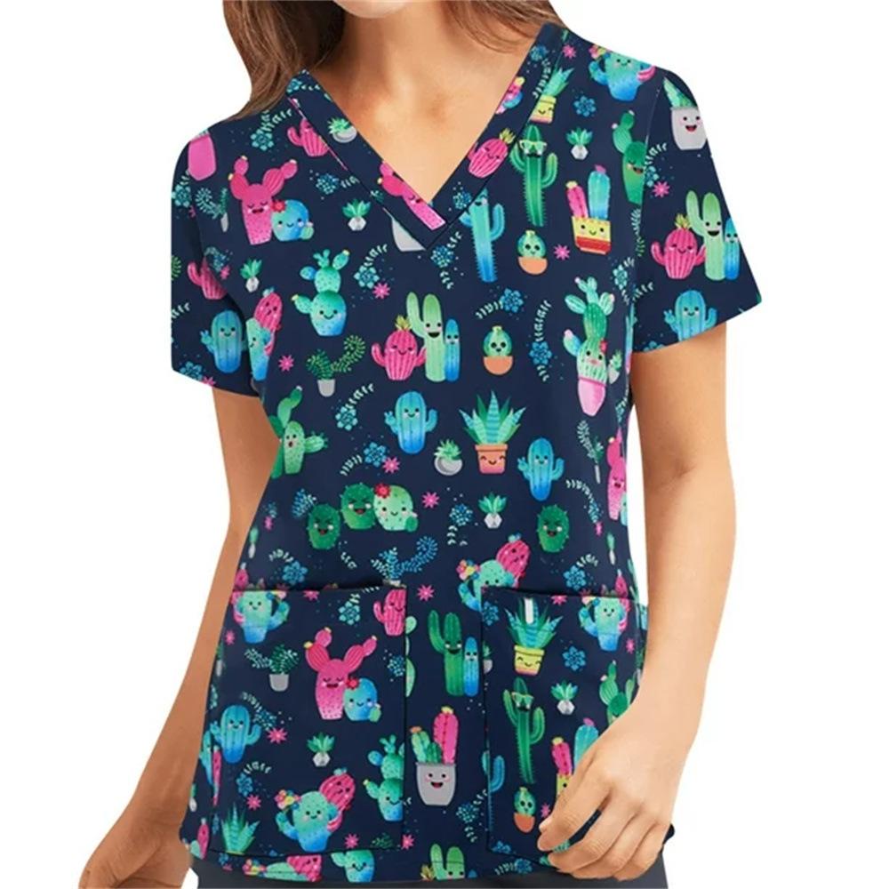 Women's T-shirt V-neck Nurse Uniform Casual and Comfortable Short Sleeved Women's Dreamy Printed T-shirt
