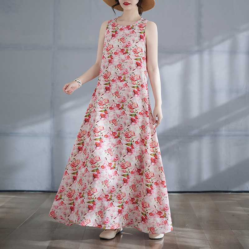 New Long Skirt Summer Sleeveless Round Neck Printed Dress