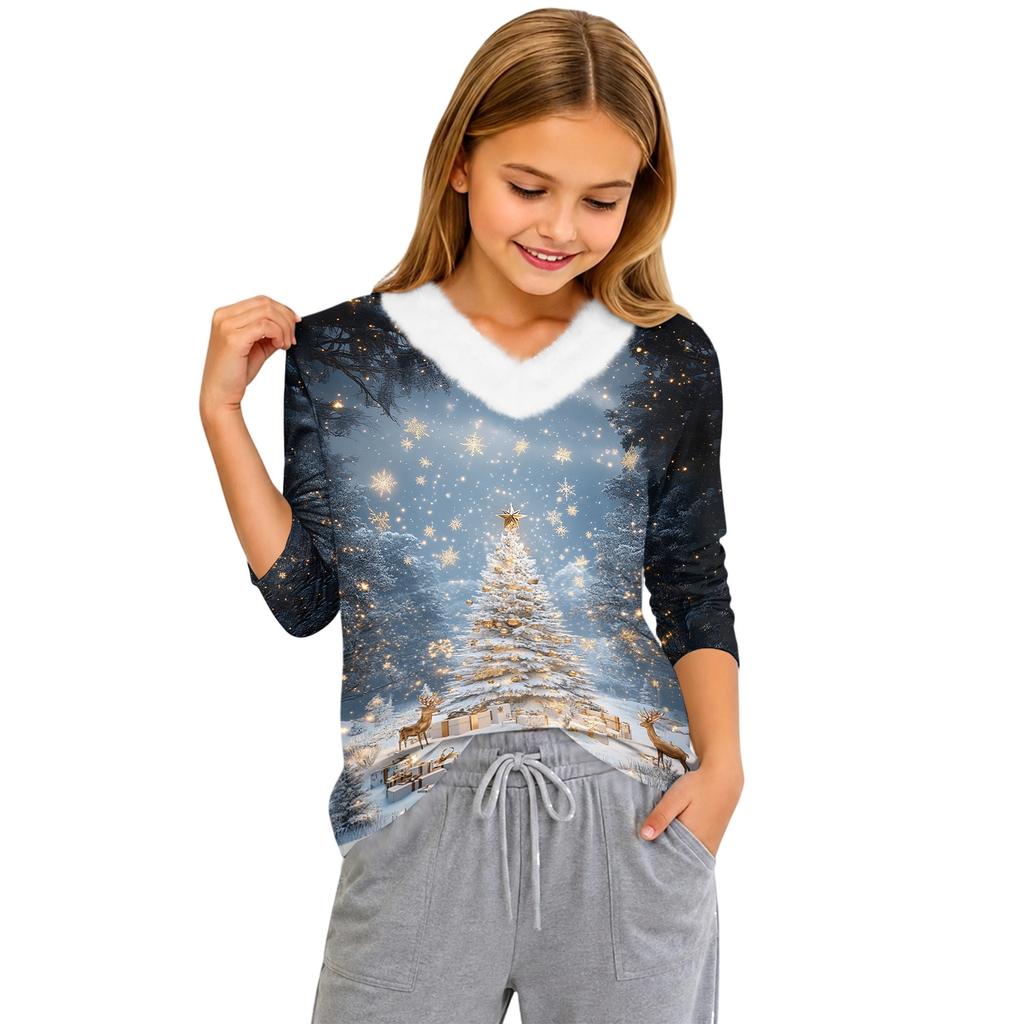 Girls' Winter V-Neck Christmas Print Base Layer Top