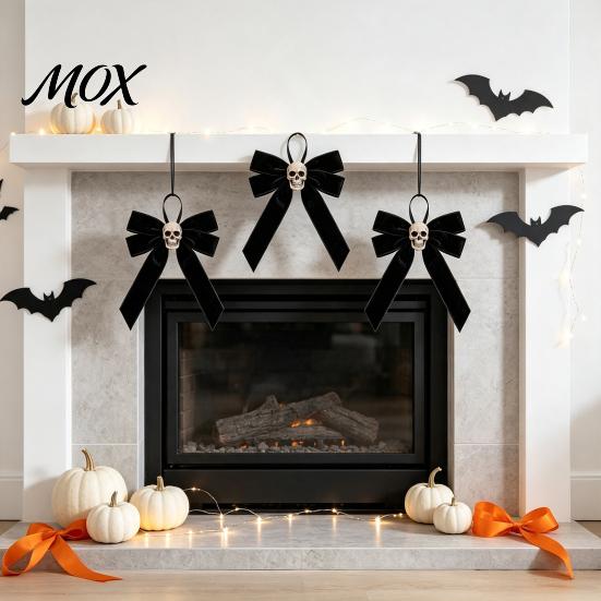 Retro Distressed Skull Accessory Halloween Velvet Bows with Ornaments for Tree Decoration, Black Flannel Skeleton Wall Decor Gothic Bow Hanging