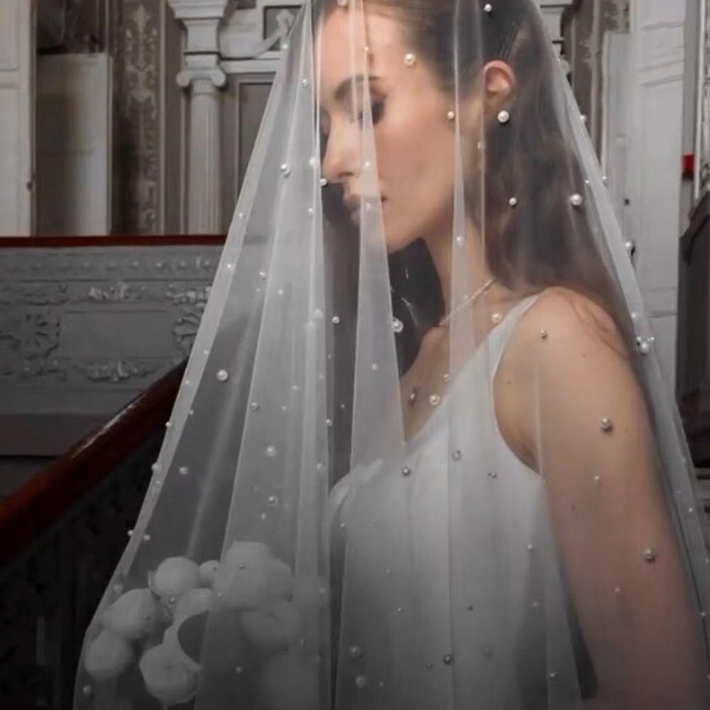 Elegant Wedding Veil White Cathedral Veil Bridal Accessory Pearls Veil  Wedding Ceremony
