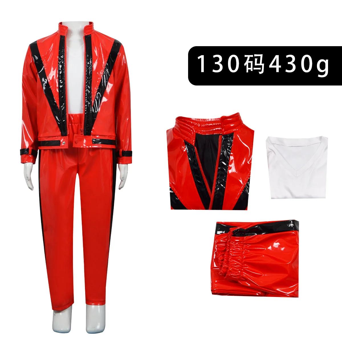 Costume de Performance Michael Jackson Bloc de Couleurs Rouge et Noir Cuir Ensemble Complet de Vêtements Adolescent Scène Hallowee Nuit Effrayante 110 rouge