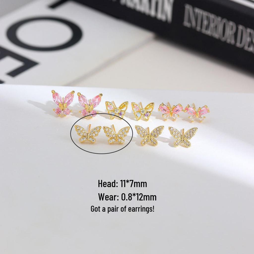Copper-Plated Gold & 925 Silver Butterfly Earrings with Pink Diamond & Rainbow Zirconia for Women
