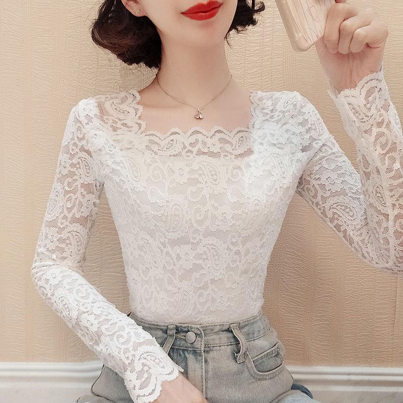 Lace Base Layer Women's Spring Autumn Beautiful Square Neck Inner Slim Fit Long Sleeve T-shirt Top