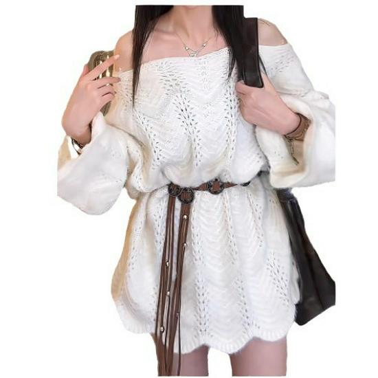 2026 Höst Off-Shoulder Spetsstickad Klänning: Damkläder, Mjuk Stil, Mjuk och Lös, Knytning Kort Kjold