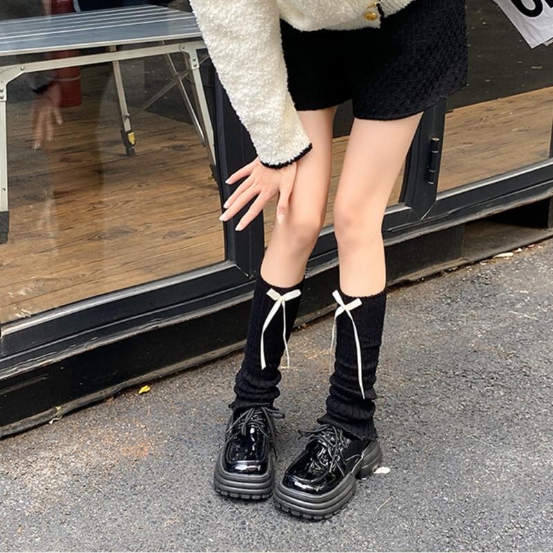 Women Sweet Bowknot Arm Leg Sleeves Ruffled Trim Sun Protective Ribbed Knit Arm Leg Covers Fingerless Gloves Accessories