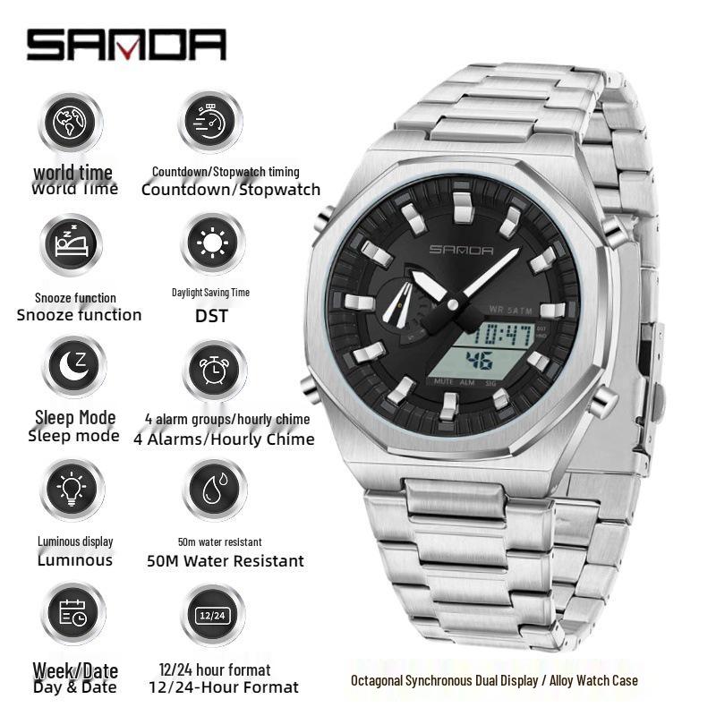 

SANDA Men s Multifunction Luminous Electronic Watch with Alarm, Octagonal Steel Band, Waterproof, and Daylight Saving Time Adjustment.