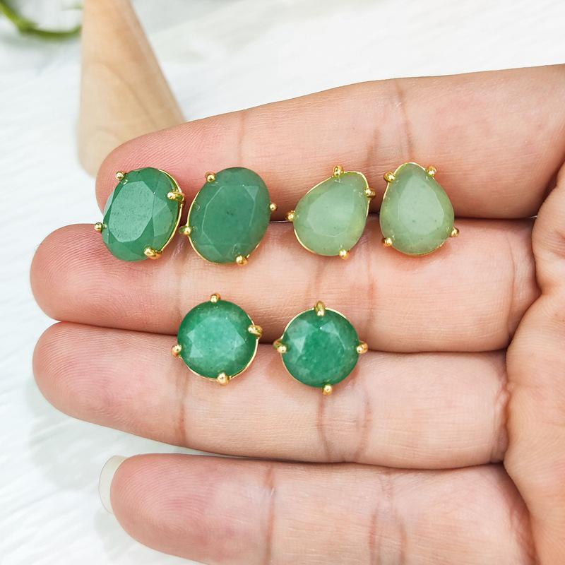 Natural Green Aventurine Oval Faceted Crystal Stud Earrings