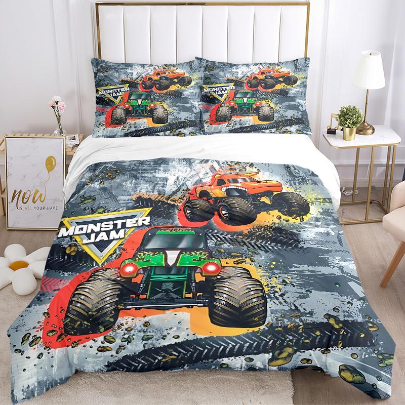 3pcs Monster Jam Monster Truck Bedding Set-Universal Three-Piece Set for Bedroom, Guest Room, Living Room, Hotel-Perfect Gift for Fans, Trav