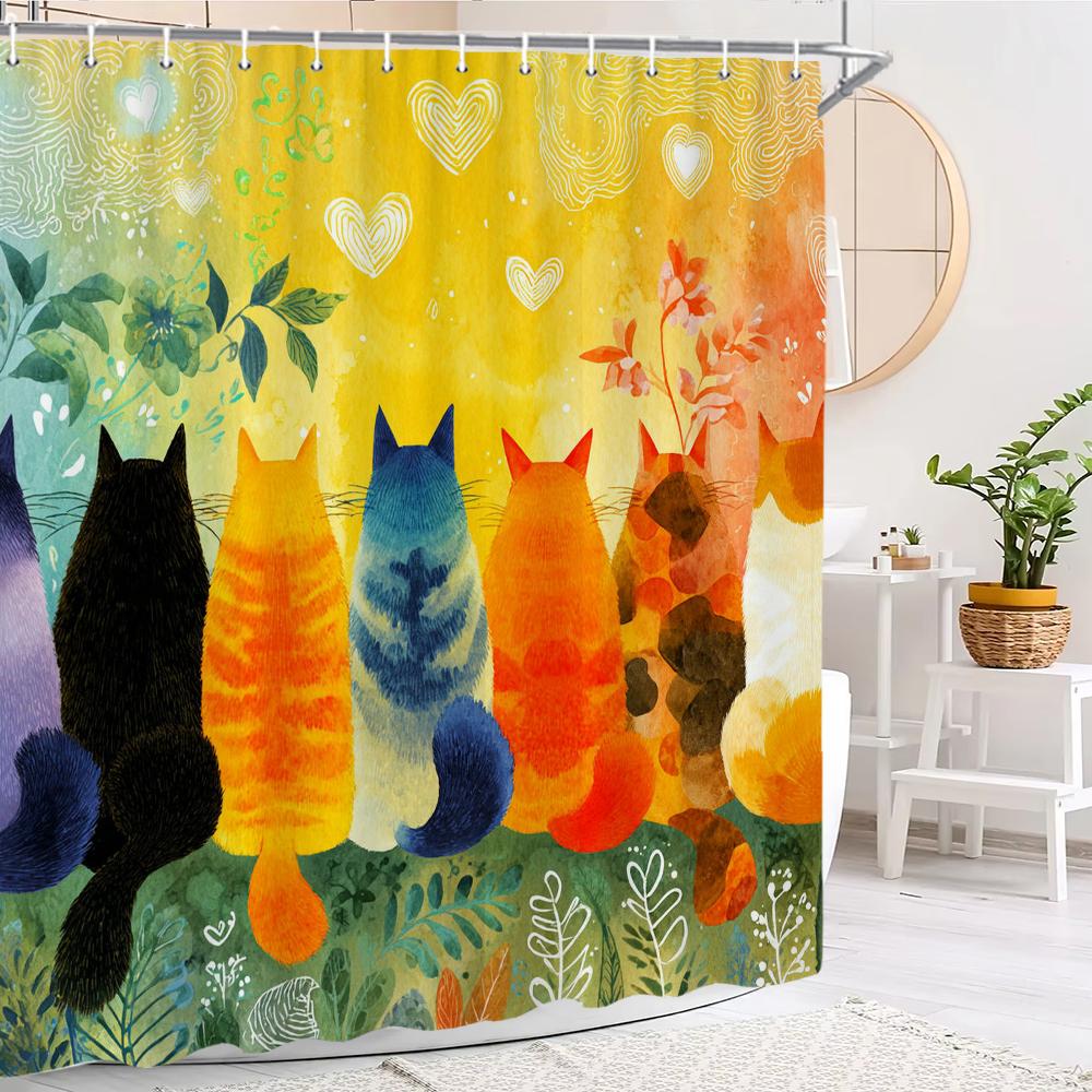 Watercolor Colorful Kitten Shower Curtain,Bathroom Decorative Shower Curtain, Printed Fabric Home Curtain With Hooks