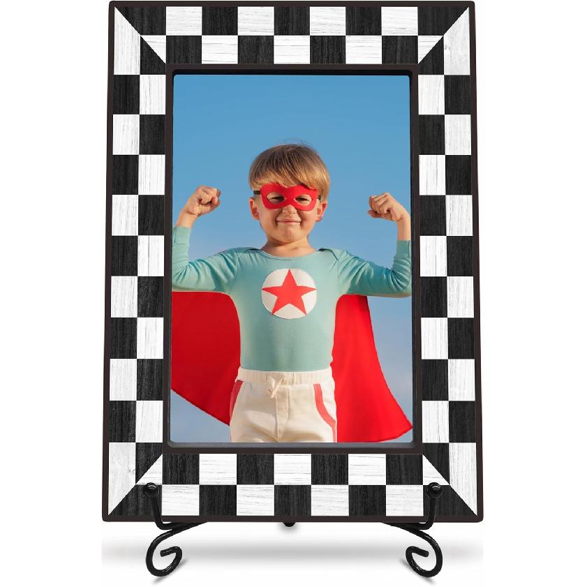 Wooden Frame With A Stand - Checkerboard Theme - 4x6 Vertical Colorful Wooden Frame For Boys & Girls, Birthday Photo Frame, Table Top Display, Home