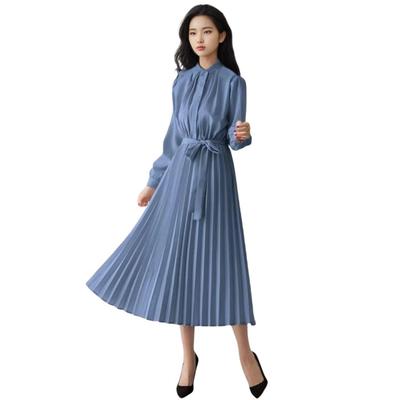 Blue Beryl Long Pleated Chiffon Dress with Long Urban Elegant and [Original Color] Women's Sleeves, Style, Casual, Blue, BB054-BL-M