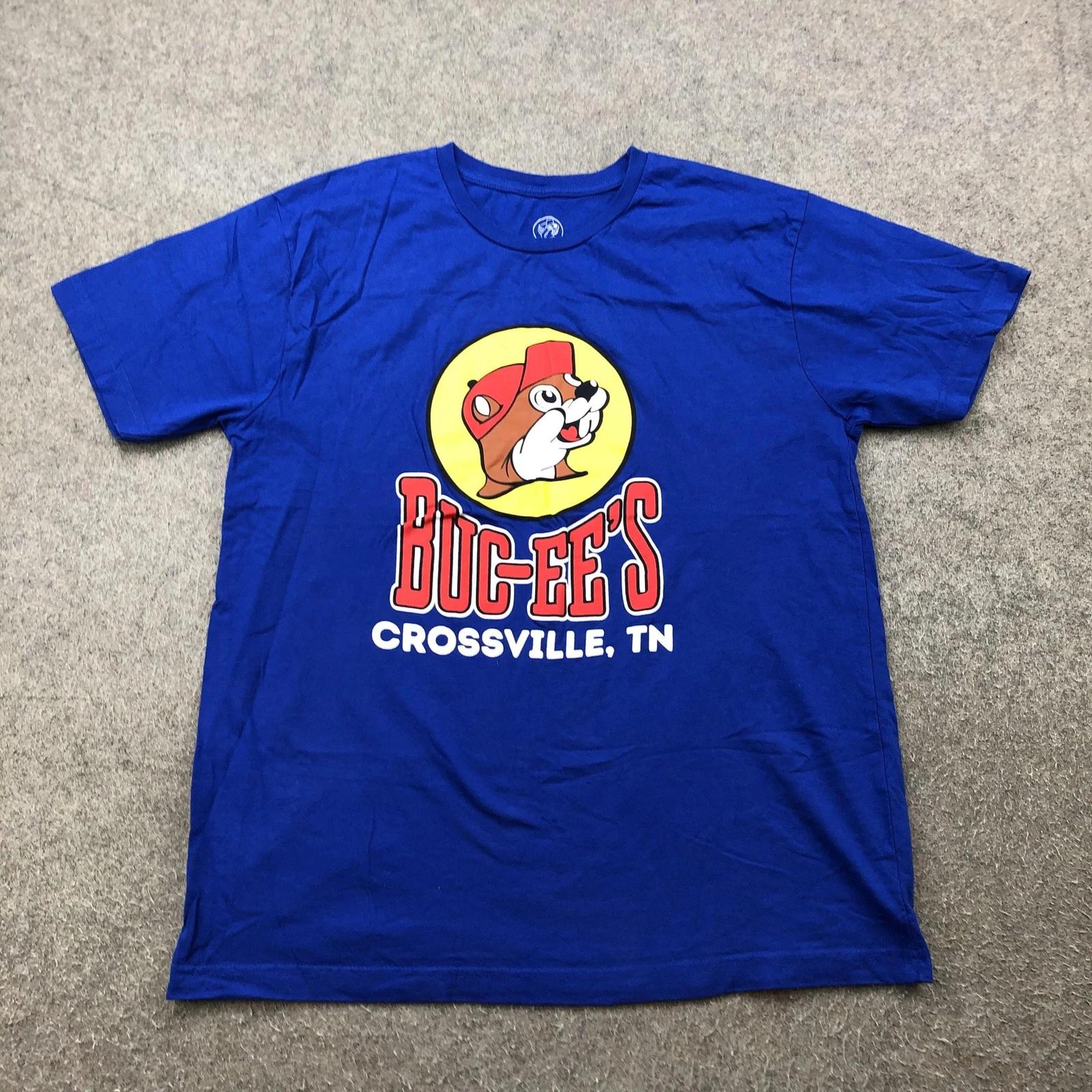 Рубашка Buc-ee s Мужская Размер L Синяя Crossville TN Бобр Логотип Графическая Футболка S