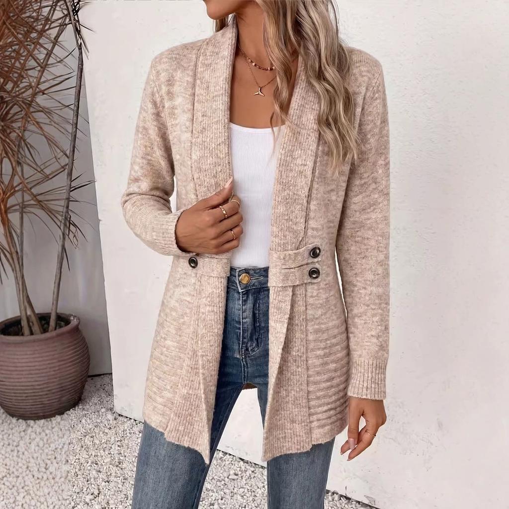 Women's Casual Double-Breasted Open Cardigan Sweater with Decorative Belt, Mid-Length Relaxed Fit for Everyday Wear