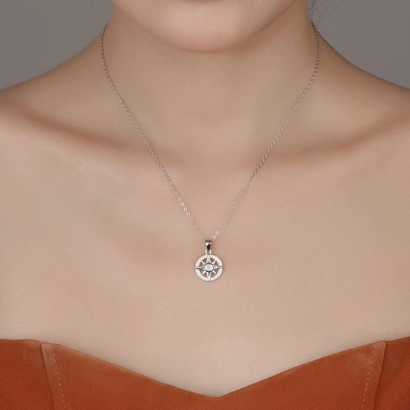 Elegant 925 Sterling Silver Eight-Pointed Star Necklace with Inlaid Diamonds - Women's High-End Niche Compass Pendant.