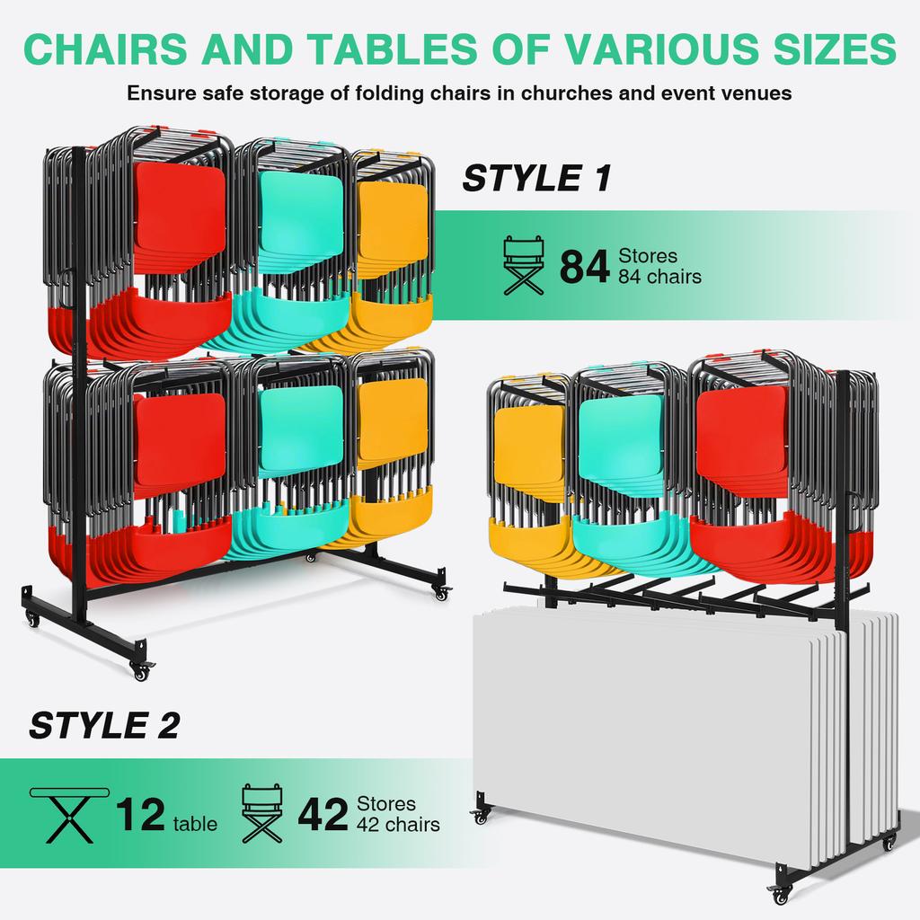 Folding Chair Storage Dolly with Locking Rubber Wheels Heavy Duty Chair Transport Mobile Seat Organizer for 12 Tables+42 Chairs