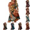 Women's Short-sleeved Retro Floral Print Round Neck Casual Waist Belted Pocket Dress