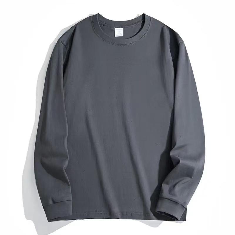Men's 300g Heavyweight Pure Cotton White Long-Sleeve Round Neck Shirt