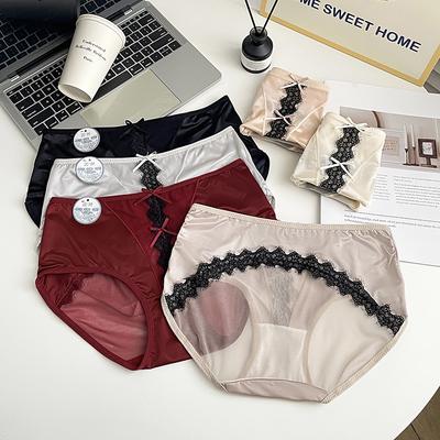 Ladies Summer Light Luxury Satin Sexy Lace See-through Mesh Wrap Hip Briefs