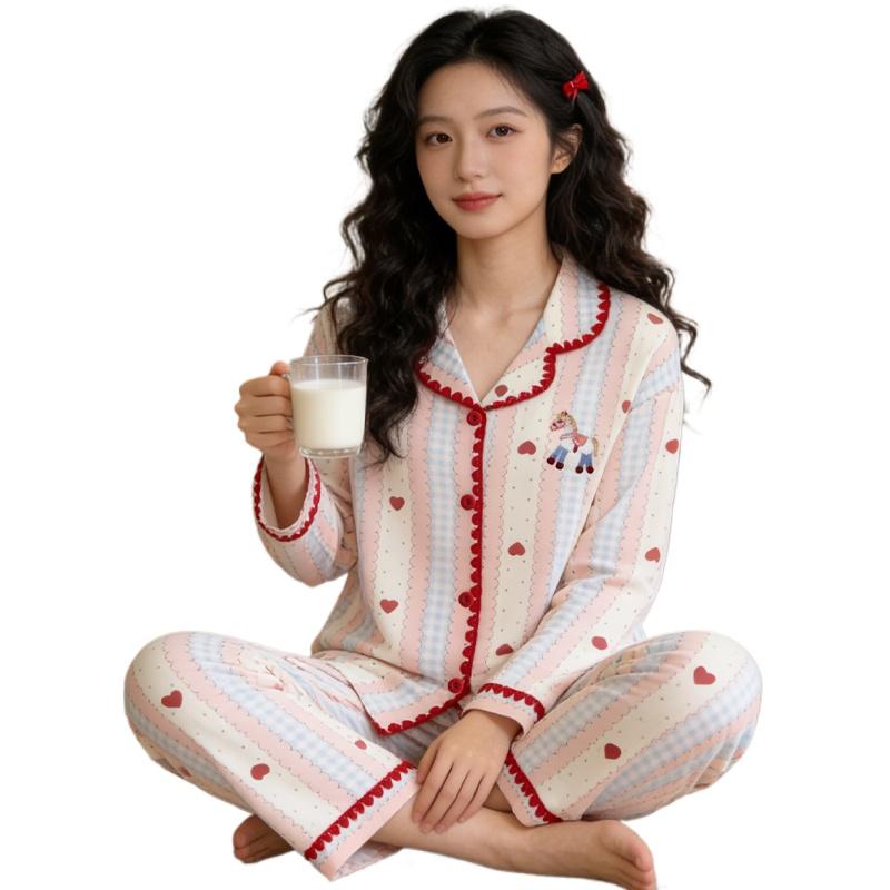 Cute Horse Print Kawaii Pajama Set for Women Spring Soft Fabric Comfort Plaid Loungewear 2 Piece Long Sleeve Top Pants Sleepwear