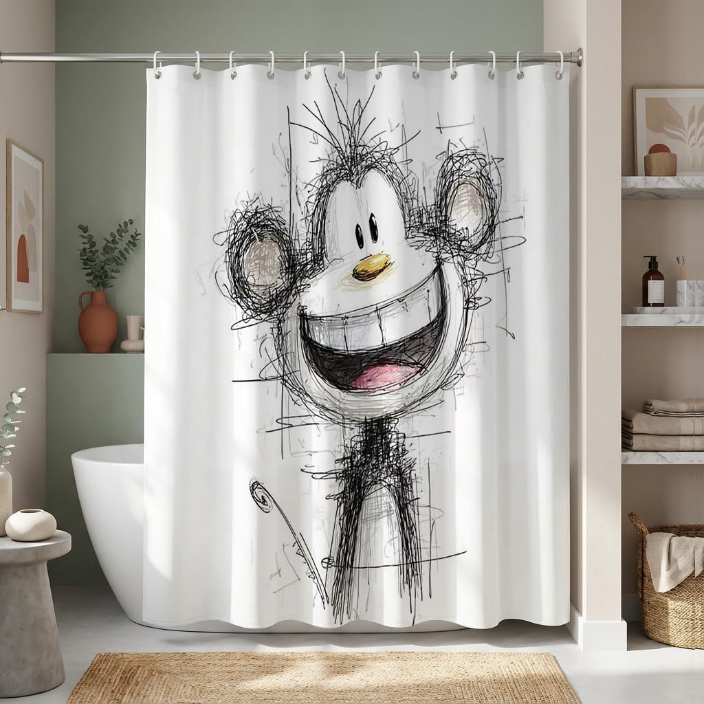 Scribble Monkey Shower Curtain – Playful Cartoon Design, Whimsical Bathroom Decor 12PCS Hooks 71X71Inch