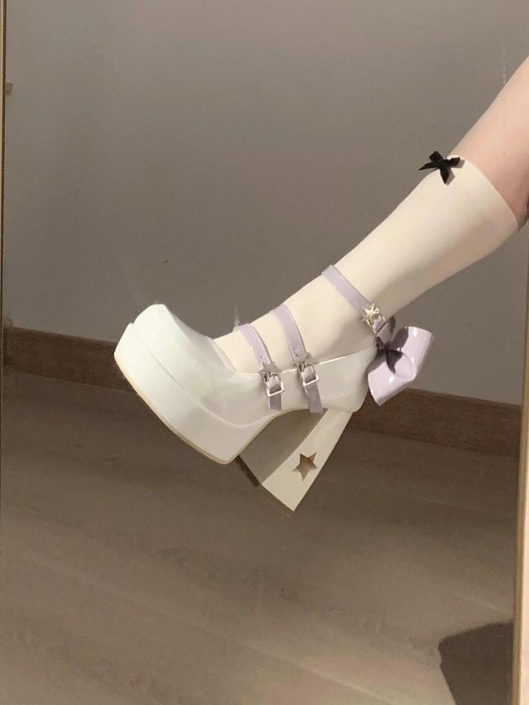 Fashion Heels Women Pumps Platform High Heels Ankle Strappy Butterfly-knot Casual Office Shoes Block Mary Jane Shoes White Zaptos Mujer