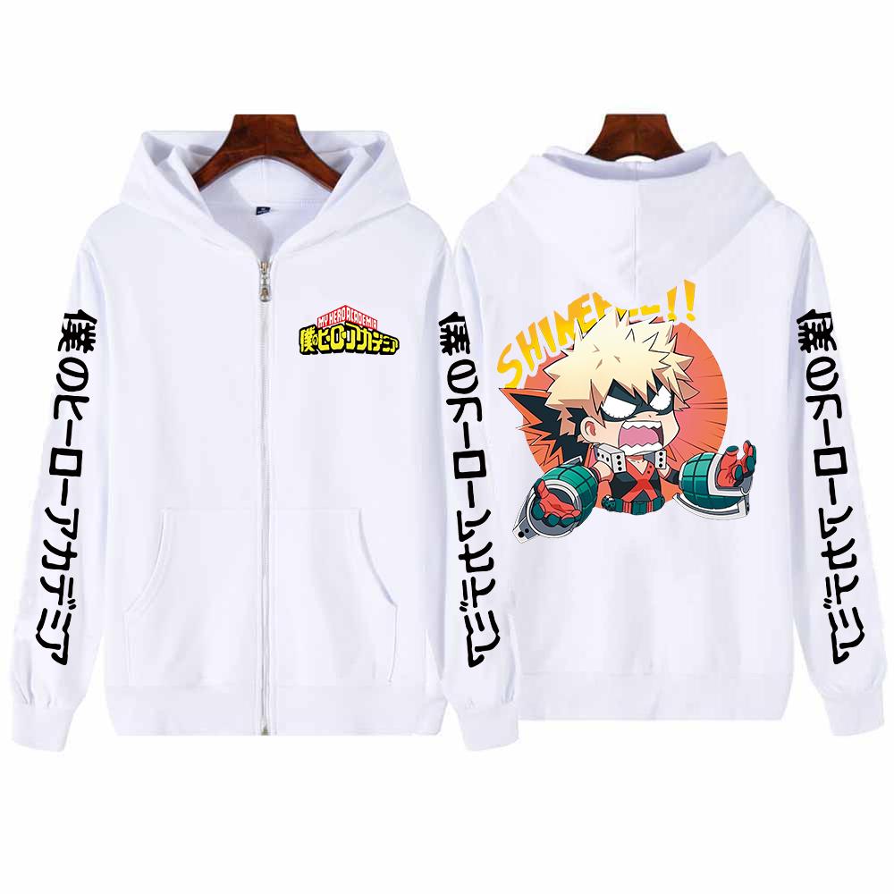 

Японское аниме My Hero Academy унисекс, черные толстовки на молнии с длинными рукавами, забавные повседневные мужские зимние пальто с героями мультфильмов Katsuki Bakugou 4XL белый