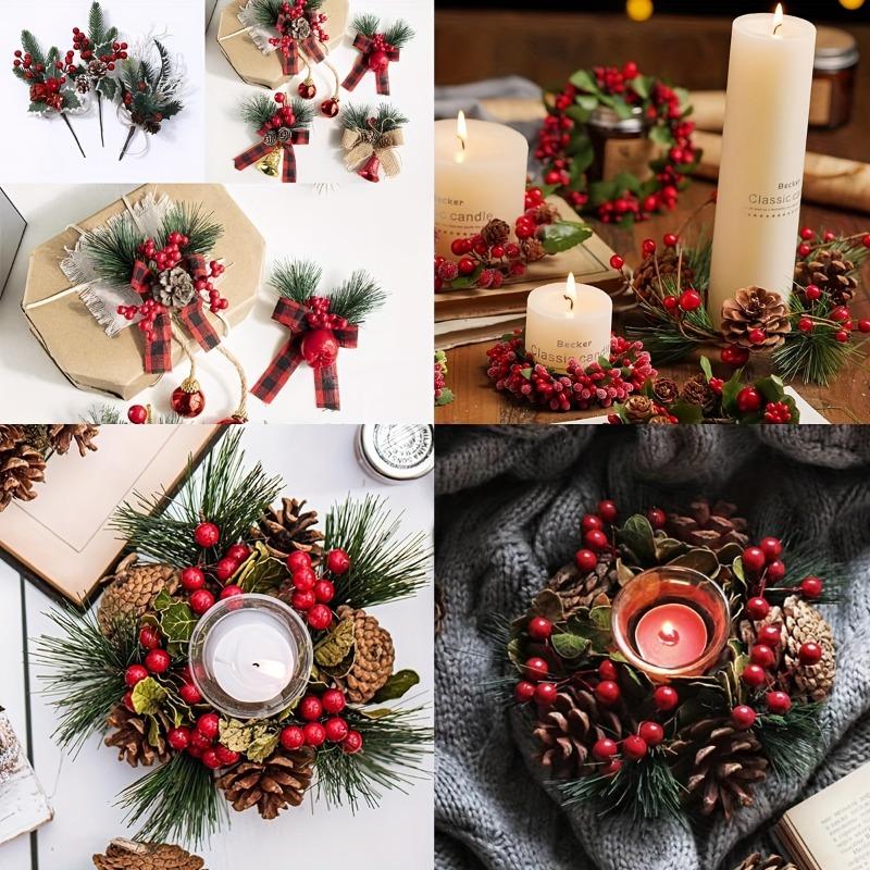 10pcs Festive Artificial Pine Picks with Red Berries Pinecones Americana Style Faux Pine Needle Sprigs for DIY Christmas Wreaths.
