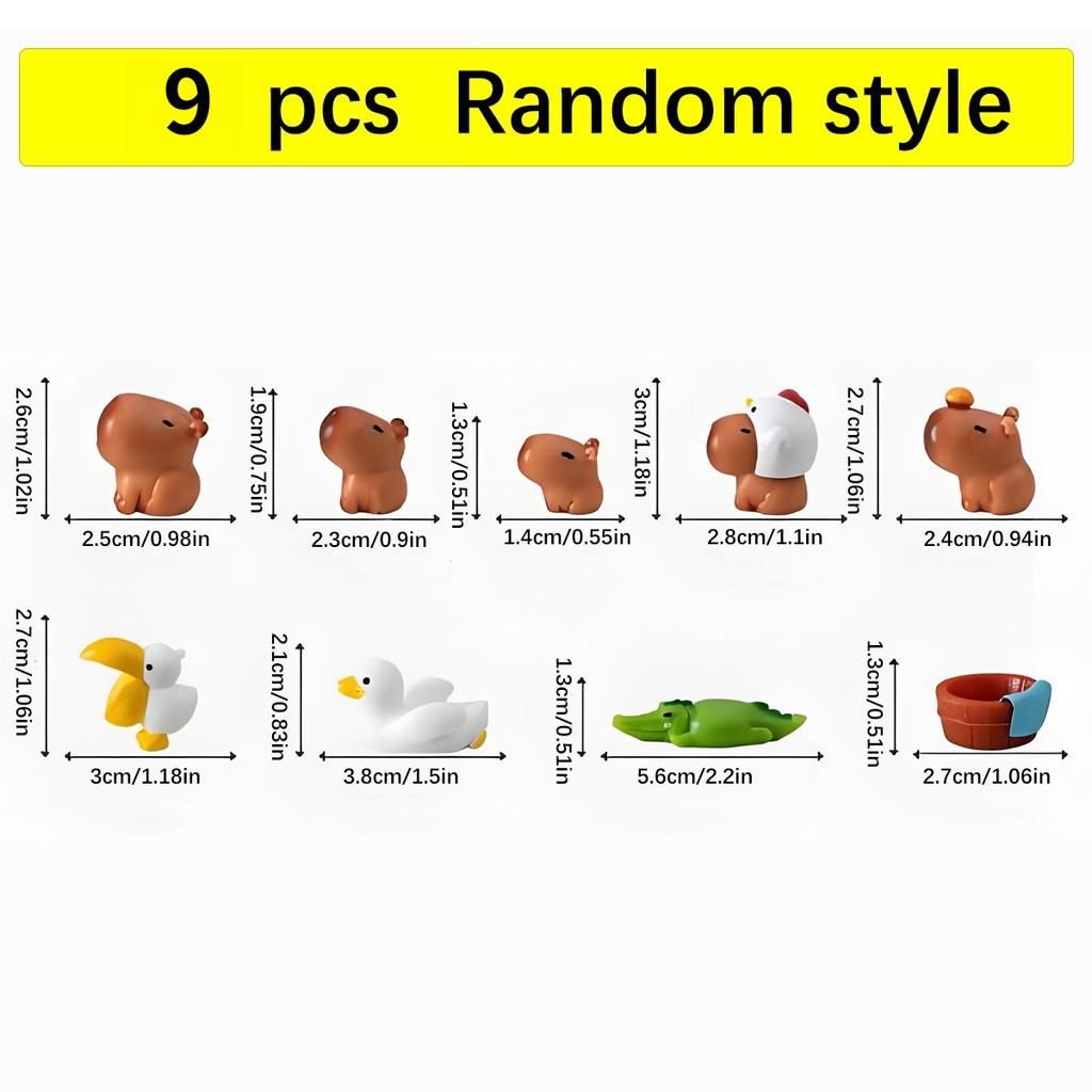 9/18PCS Mini Capybara Resin Figurines – Cute Car Dashboard Ornaments Set, Kawaii Animal Decor for Console, Desktop & Room