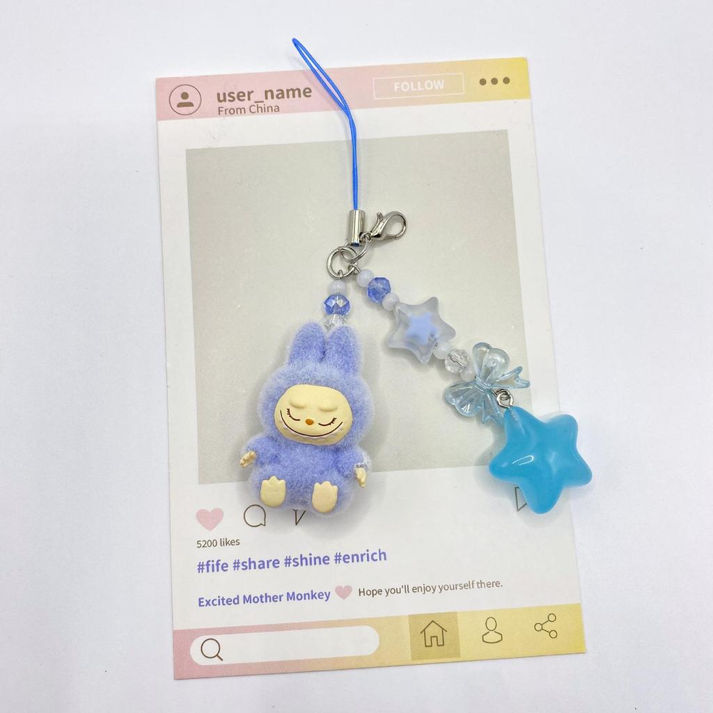 Flocked Labu Labubu Mini Keychain: Cute Grain Stroller Bag & Phone Pendant Ornament