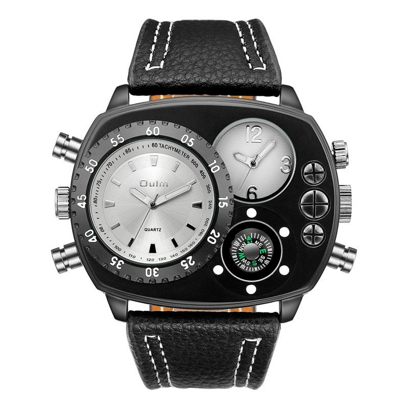 Oulm Dual Time Zone Fashion Men S Watch Quartz, Compass Leather Large Dial Men S Watch