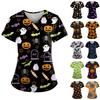 Women's Halloween Printing Short Sleeve V-neck Tops Working Pocket Blouse