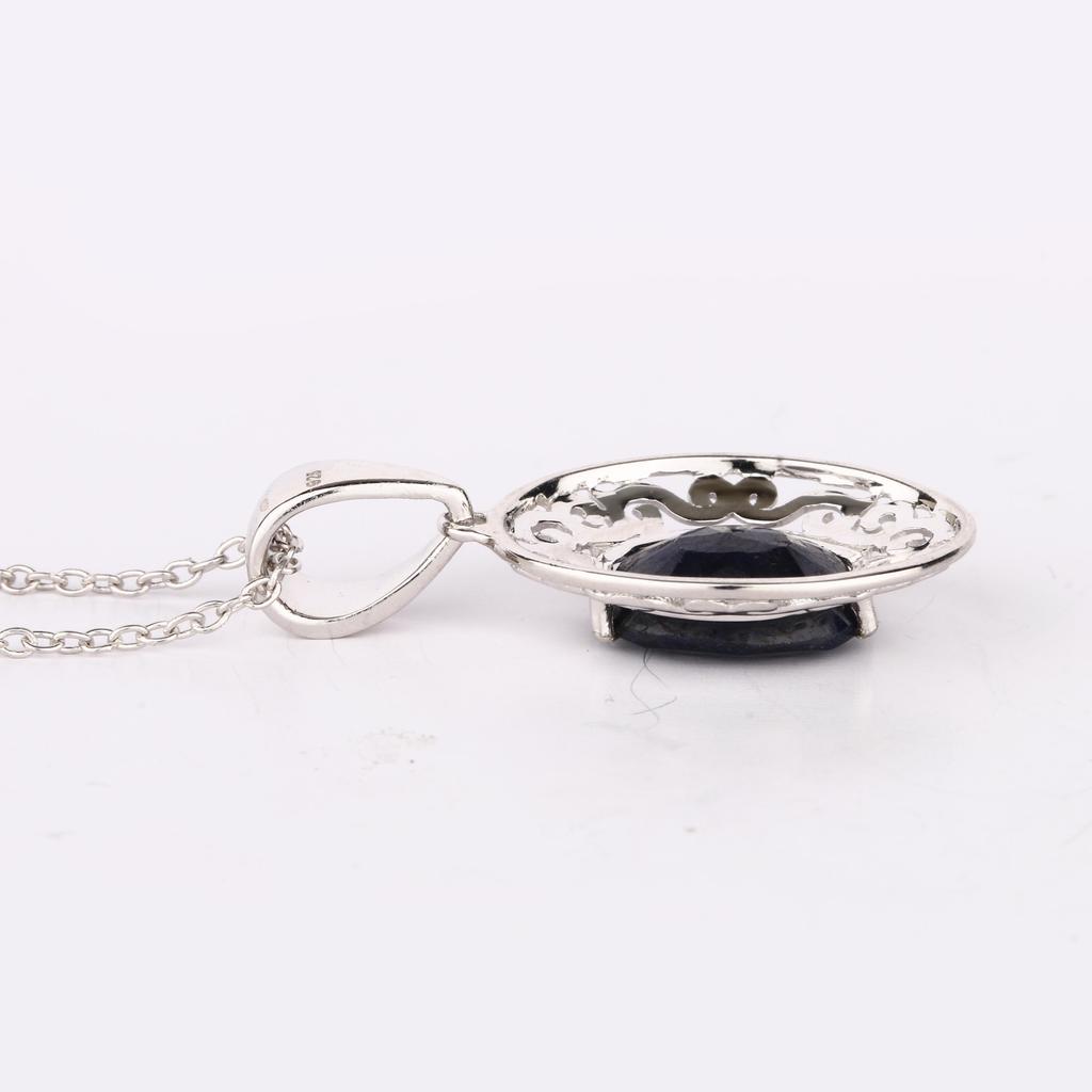 925 Sterling Silver Dyed Sapphire Oval Pendant 11x9mm Rhodium Plated Handmade Fine Jewelry Gift for Her
