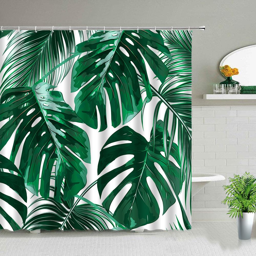 Tropical Palm Leaves Shower Curtain Set Green Plant Leaves Leaf Pumpkin Red Truck Halloween Christmas Decor Bathroom Curtains