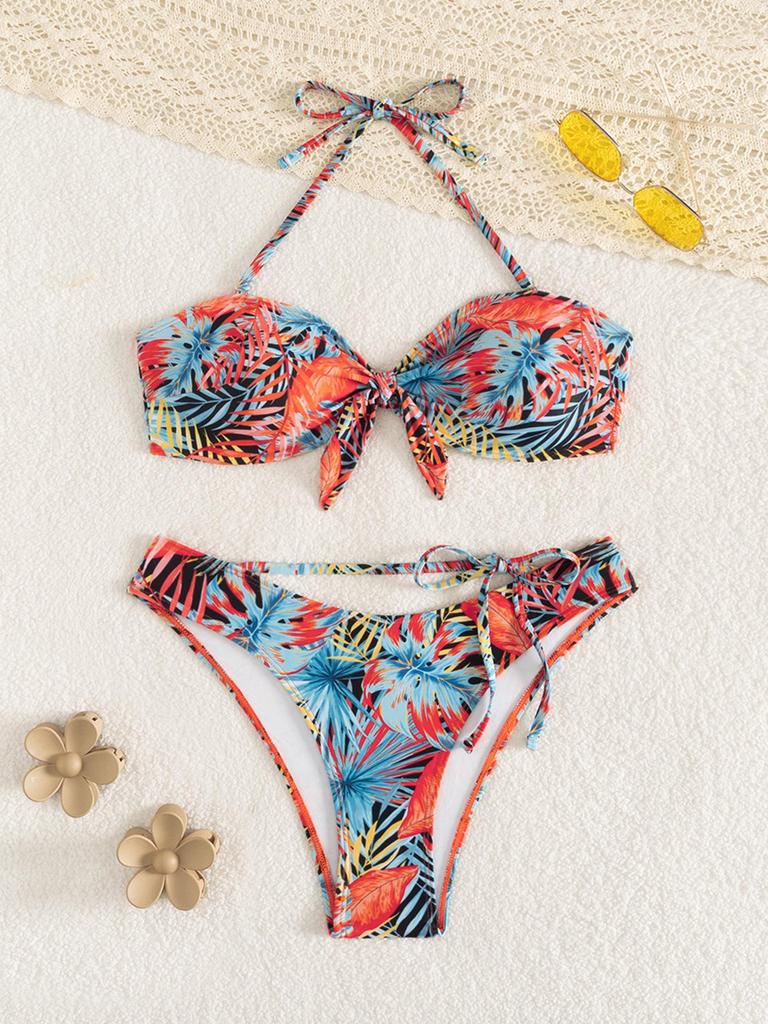 European & American Women's Printed Halter Backless High-Waisted Strappy Drawstring Bikini Swimsuit