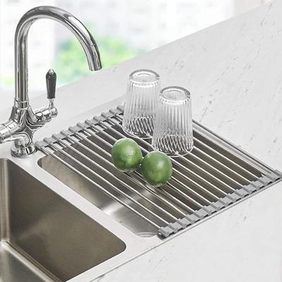 Durable and Space-saving Stainless Steel Roll-up Tray Drying Rack for Kitchen Sink and Cabinet Storage Solutions - Stackable and Foldable