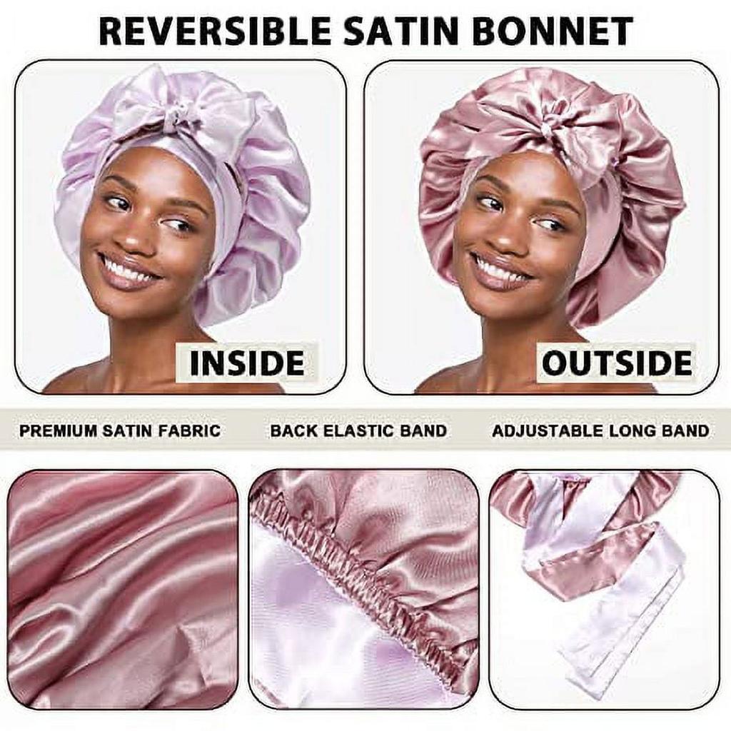 2Pack Women Satin Bonnet Silk Hair Reversible Bonnets Hair Wrap for Sleeping Cap with Tie Band