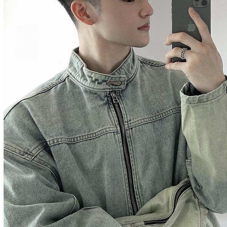 Men's Retro Washed Distressed Denim Zipper Jacket - Loose Casual Versatile Trendy Top