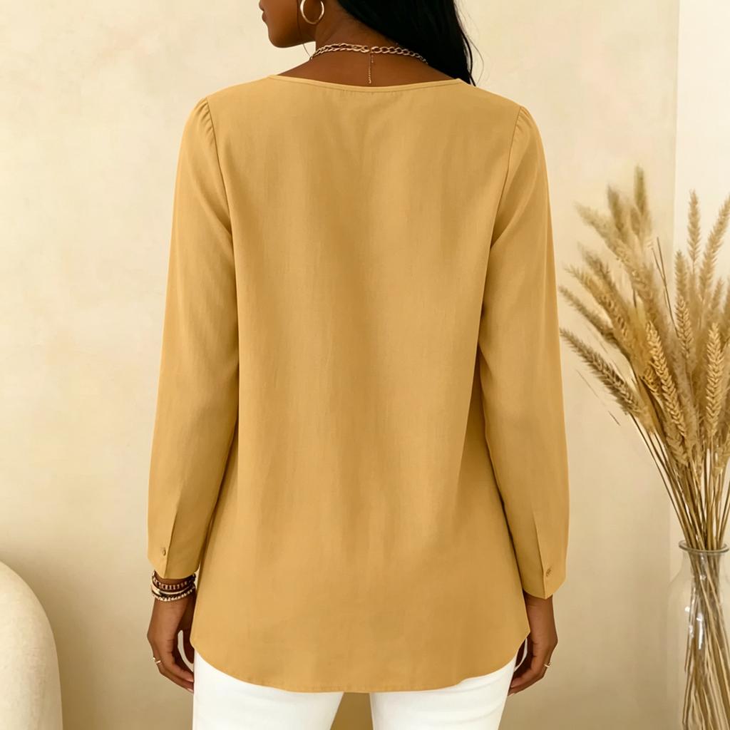 Women's Pleated V Neck Long Sleeve Blouse Button Detail Casual Lightweight Top for Work or Everyday Wear